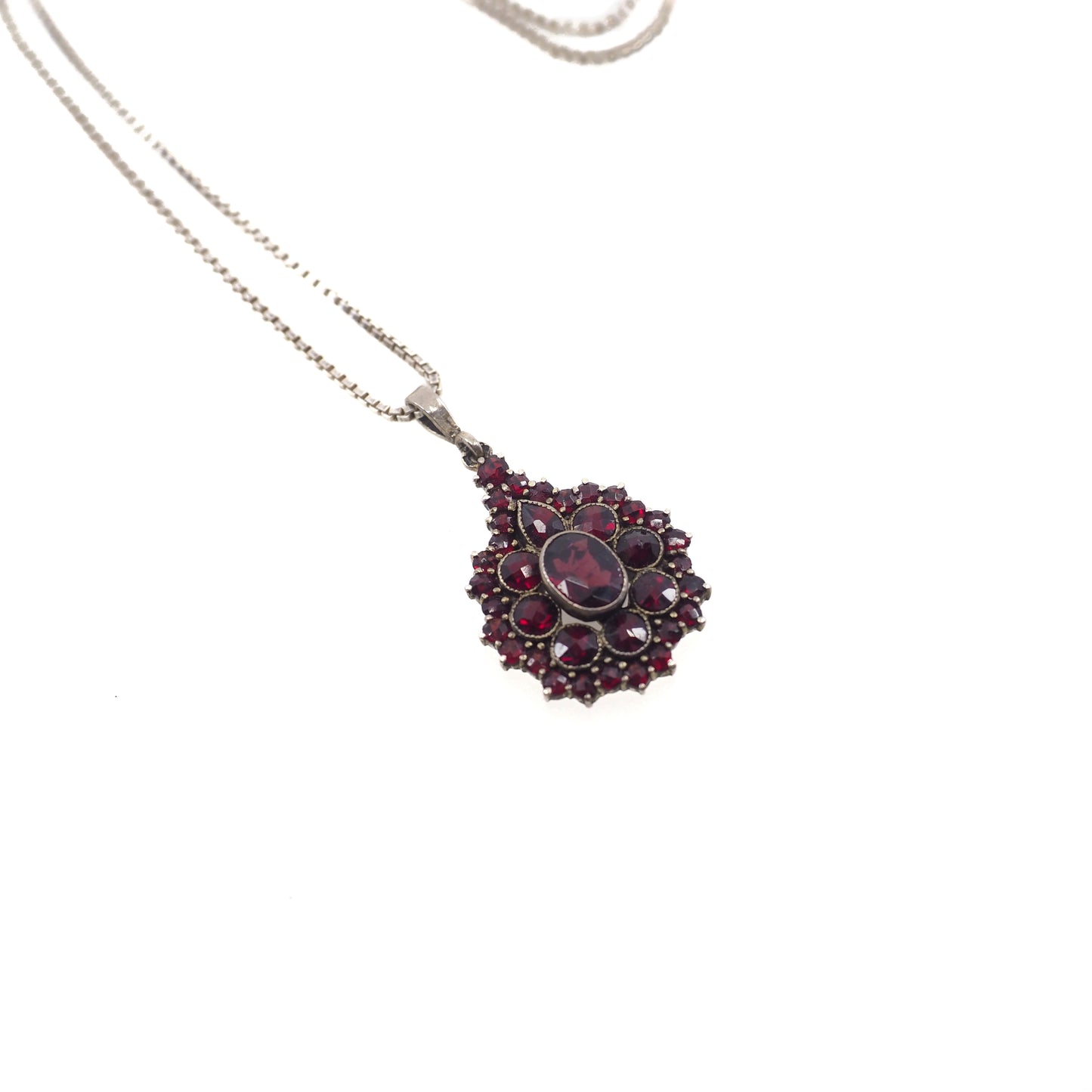 Vintage 1960s Swedish Rose Cut Red Garnet and 800 Silver Pendant Cluster 20" Necklace