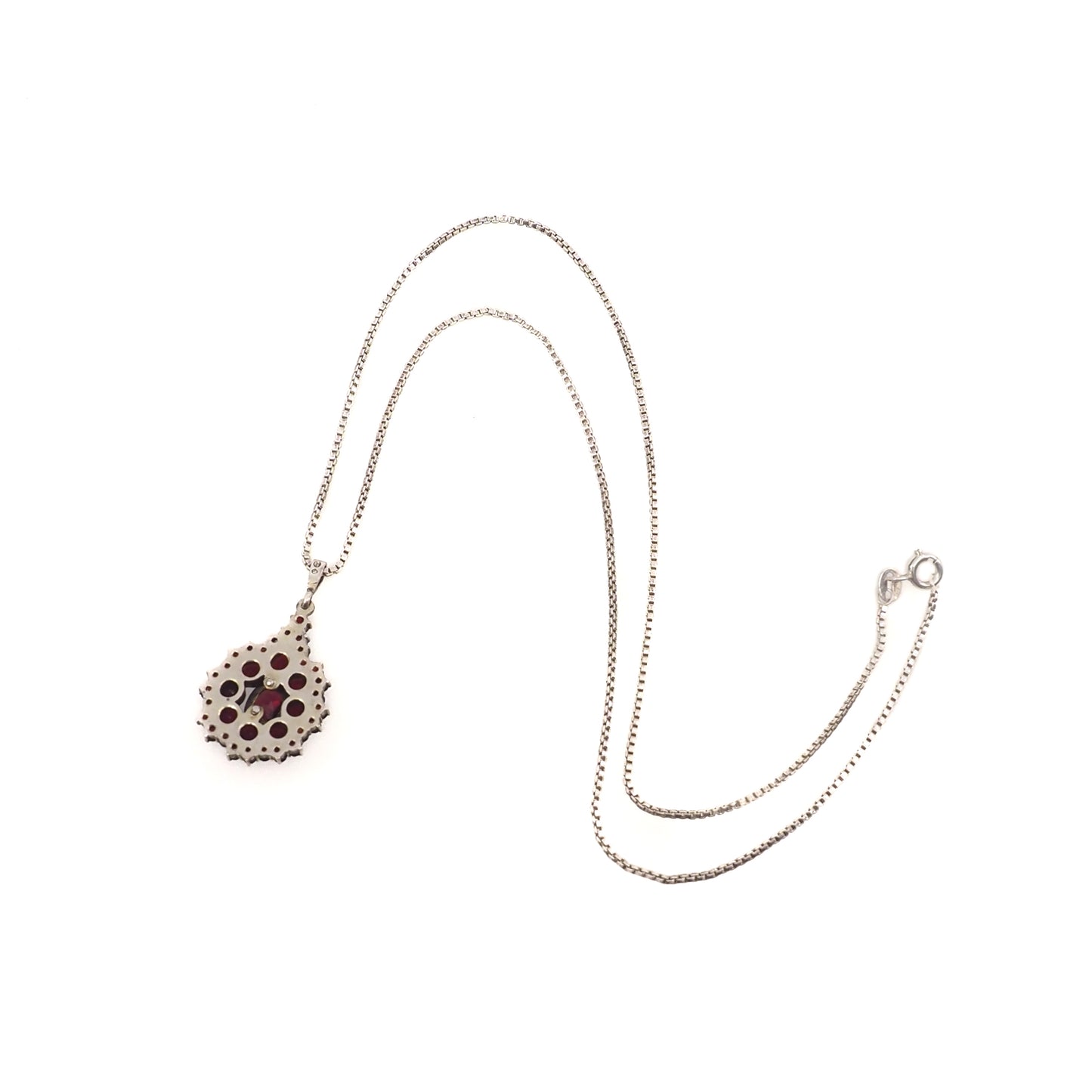 Vintage 1960s Swedish Rose Cut Red Garnet and 800 Silver Pendant Cluster 20" Necklace
