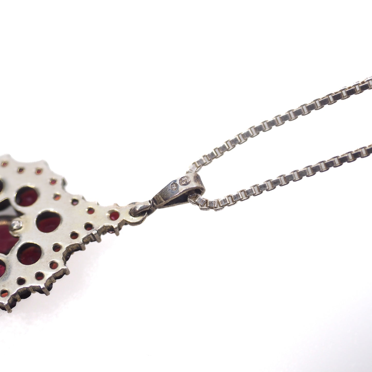 Vintage 1960s Swedish Rose Cut Red Garnet and 800 Silver Pendant Cluster 20" Necklace