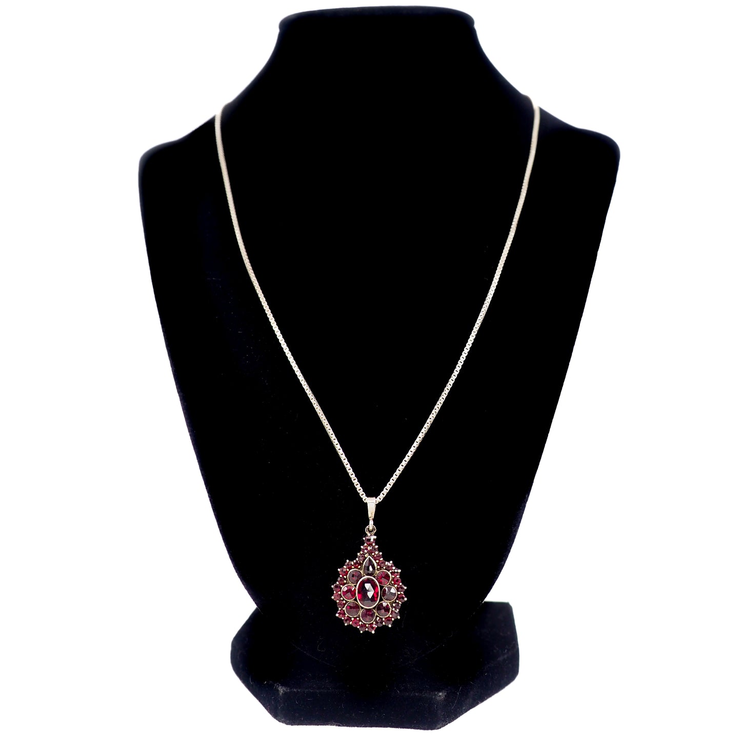 Vintage 1960s Swedish Rose Cut Red Garnet and 800 Silver Pendant Cluster 20" Necklace