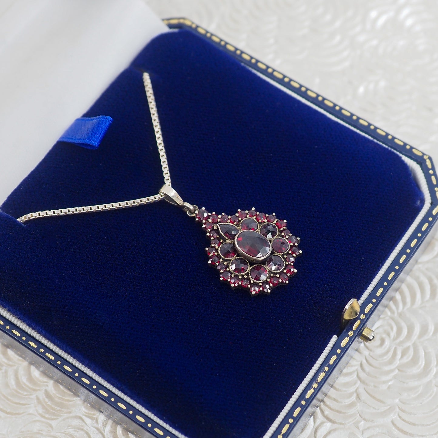 Vintage 1960s Swedish Rose Cut Red Garnet and 800 Silver Pendant Cluster 20" Necklace