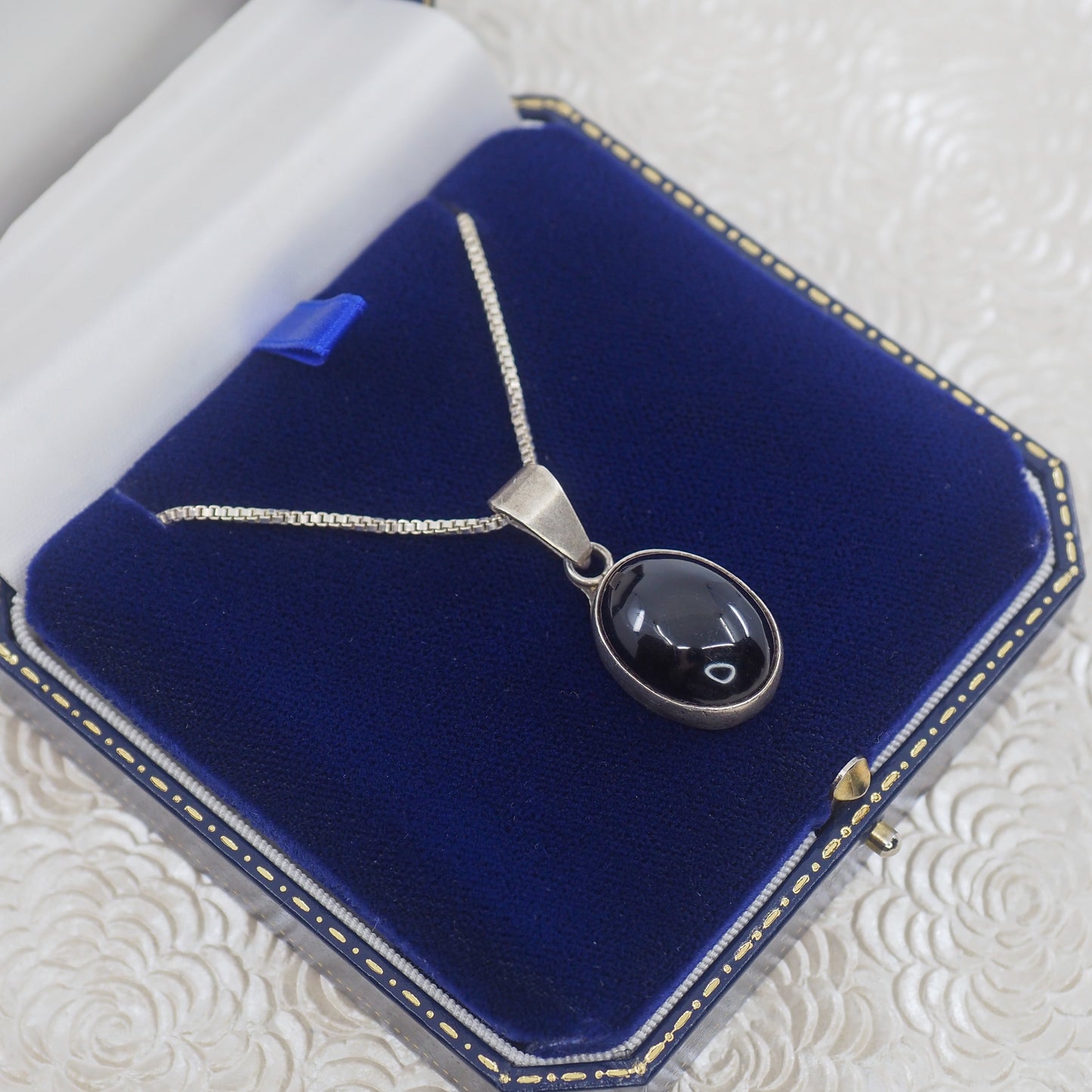Vintage 1980s TAXCO Black Onyx and Sterling Silver Pendant 20" Necklace