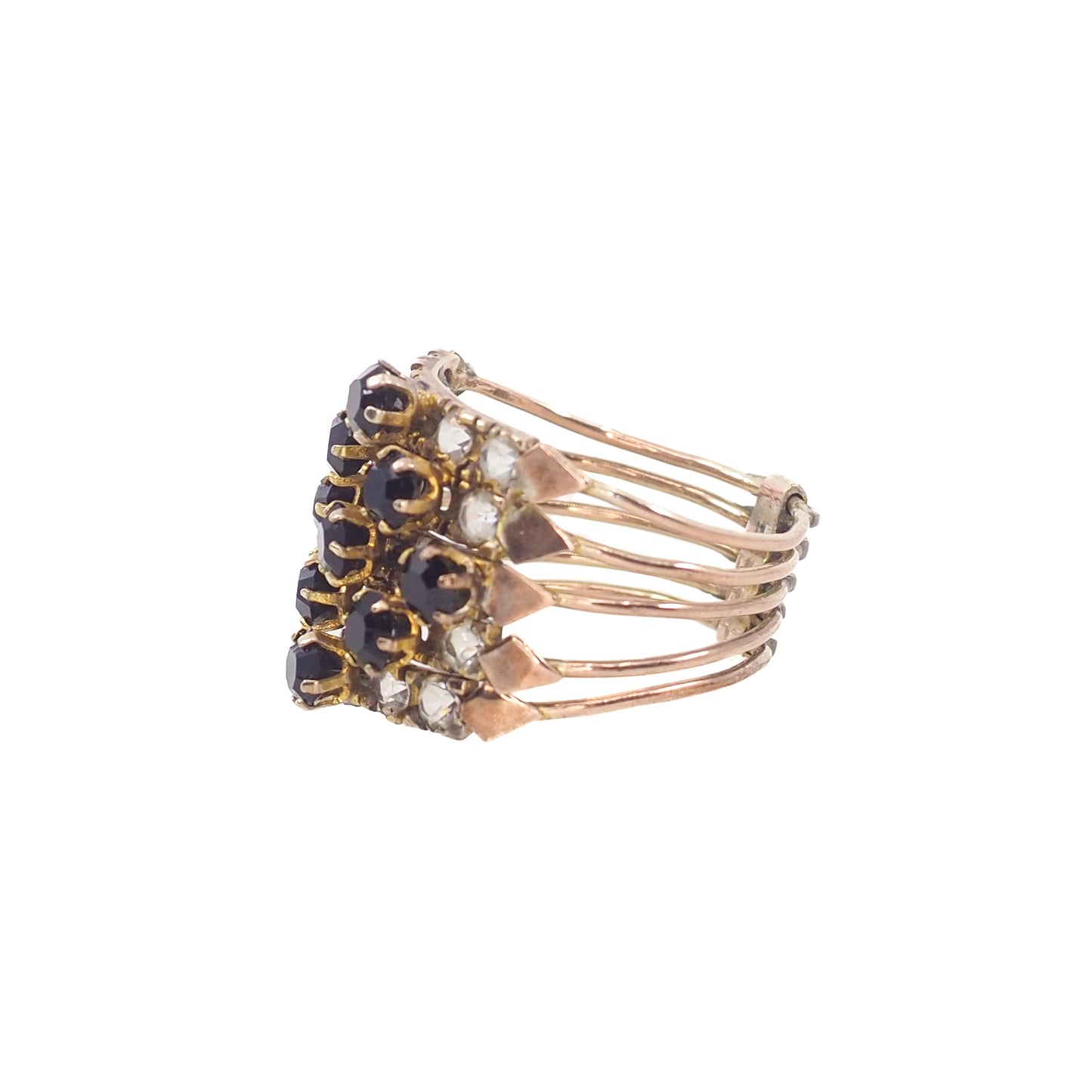 Vintage 1950s Black and Clear Paste 5-Band Gold Filled Cocktail Statement Ring Size 7.5