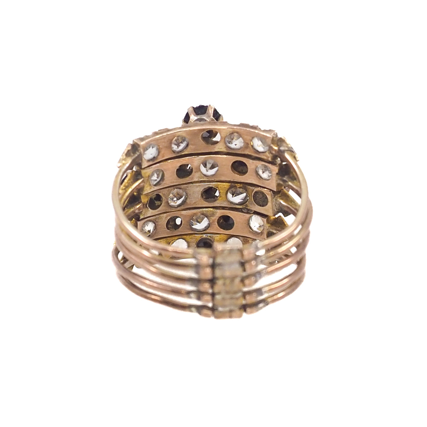 Vintage 1950s Black and Clear Paste 5-Band Gold Filled Cocktail Statement Ring Size 7.5