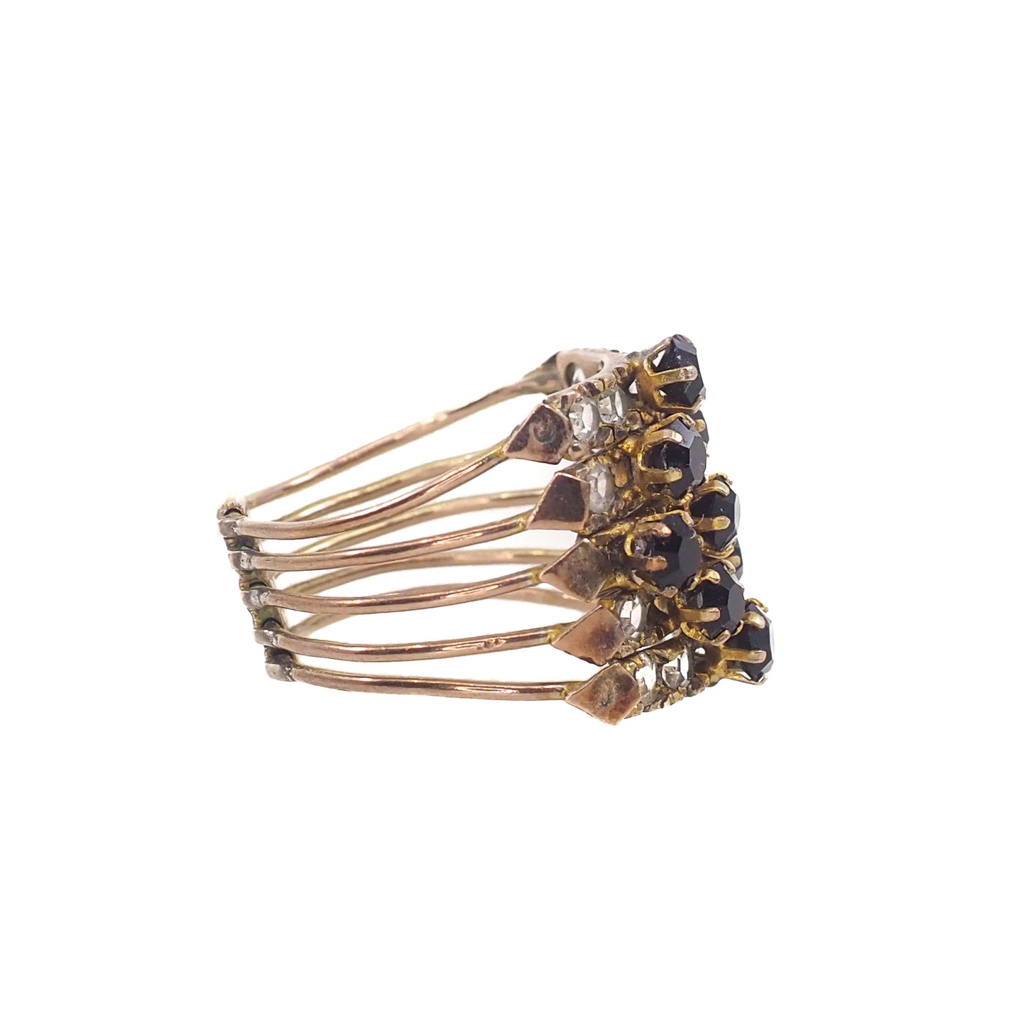 Vintage 1950s Black and Clear Paste 5-Band Gold Filled Cocktail Statement Ring Size 7.5