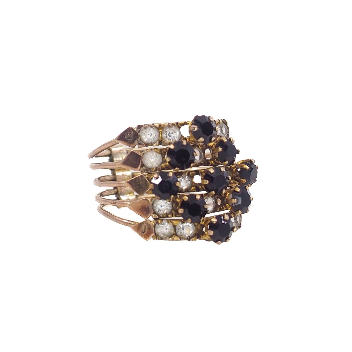 Vintage 1950s Black and Clear Paste 5-Band Gold Filled Cocktail Statement Ring Size 7.5