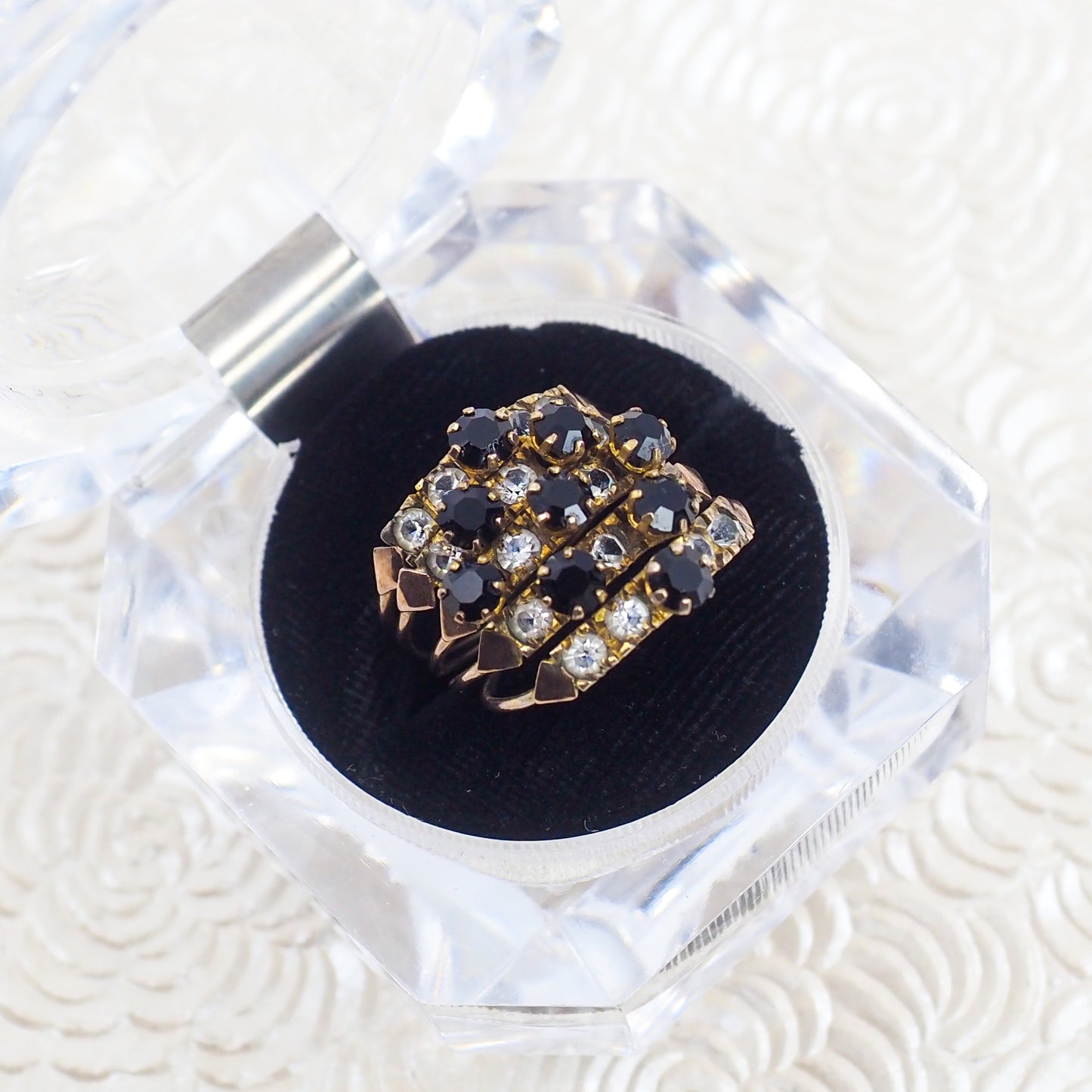 Vintage 1950s Black and Clear Paste 5-Band Gold Filled Cocktail Statement Ring Size 7.5