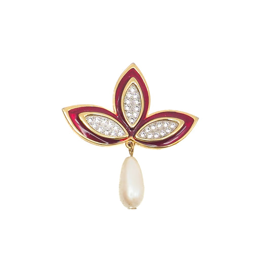Vintage 1980s MONET Red Enamel, Imitation Pearl, and Rhinestone Brooch