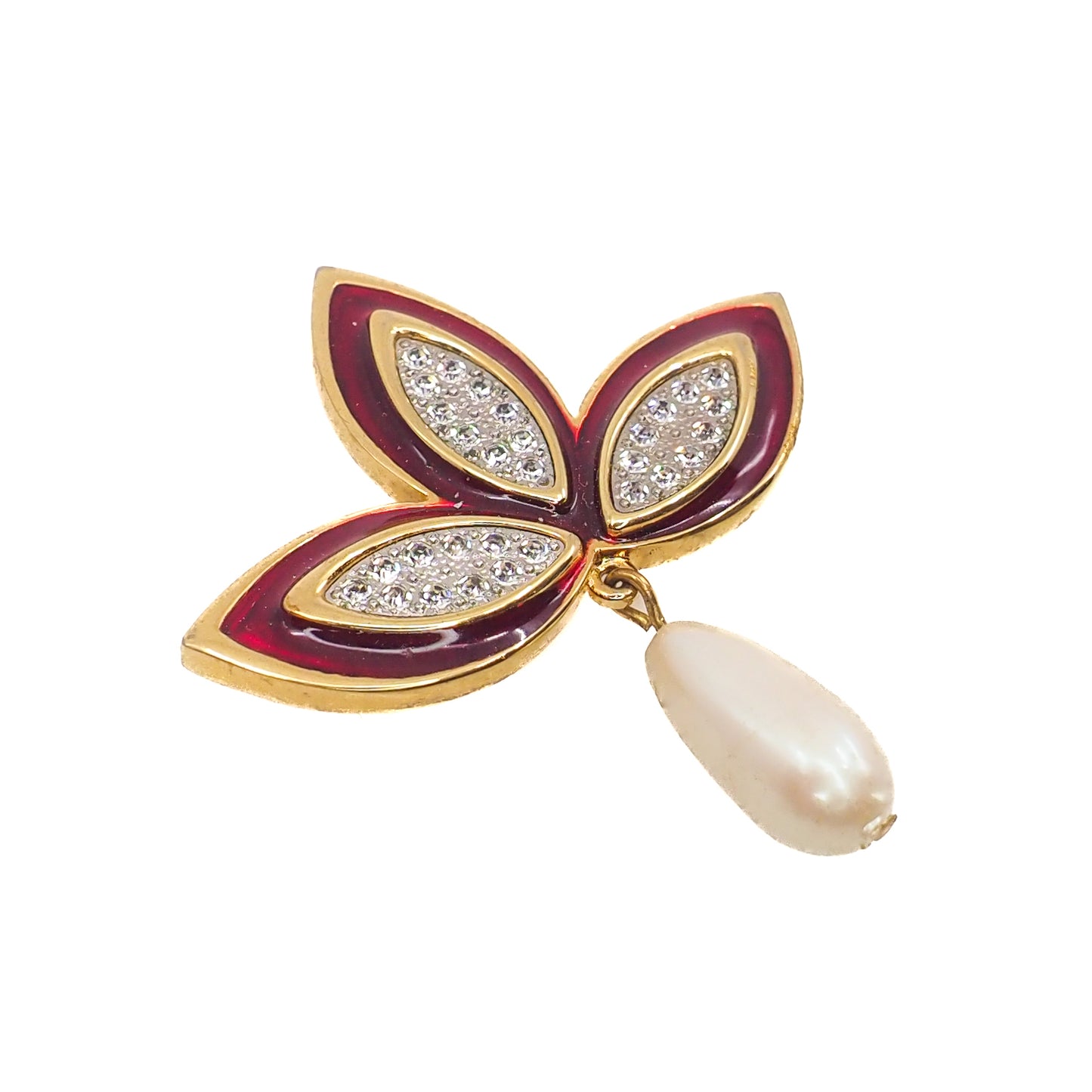 Vintage 1980s MONET Red Enamel, Imitation Pearl, and Rhinestone Brooch