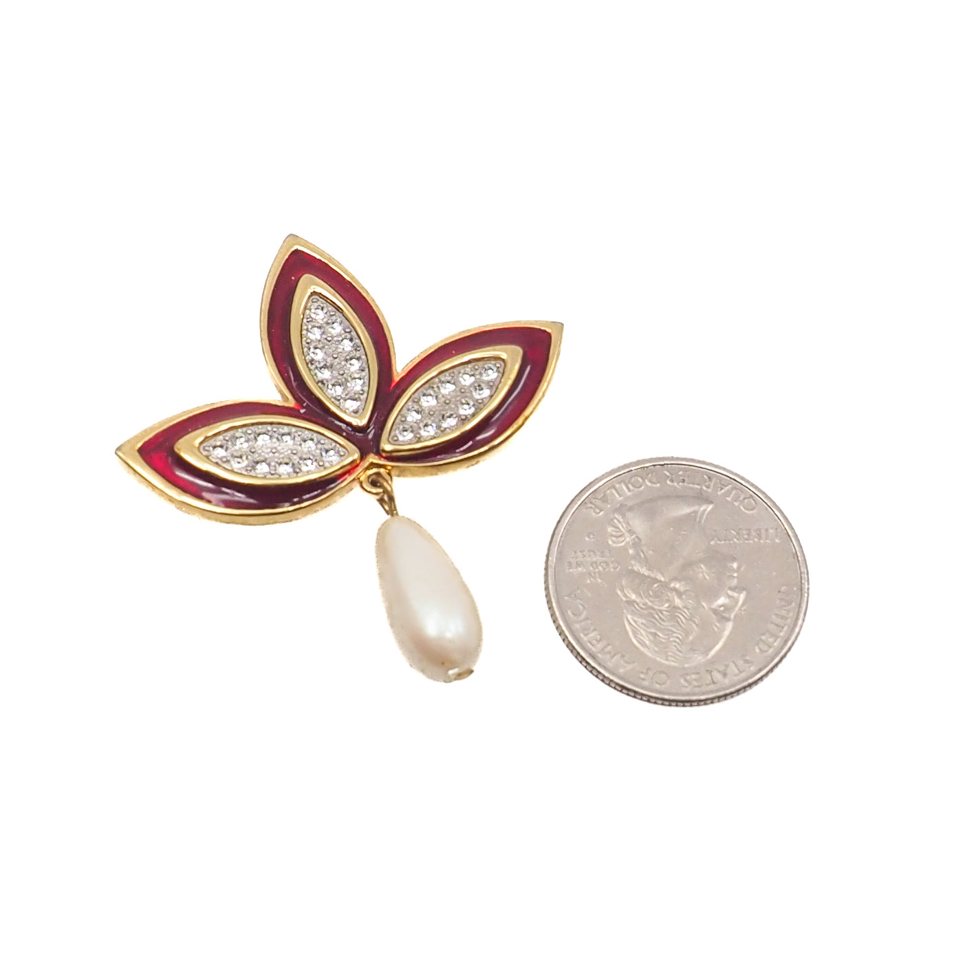 Vintage 1980s MONET Red Enamel, Imitation Pearl, and Rhinestone Brooch