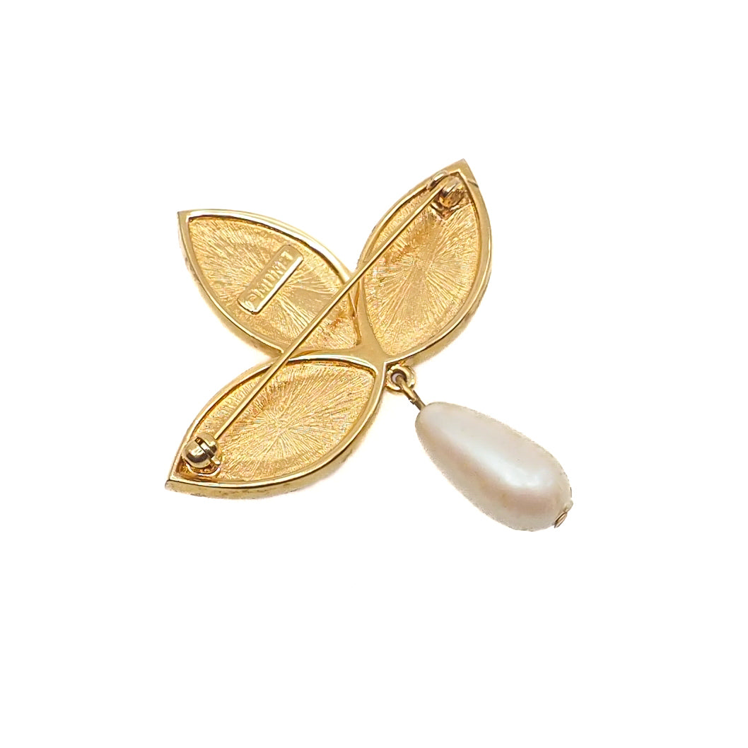 Vintage 1980s MONET Red Enamel, Imitation Pearl, and Rhinestone Brooch