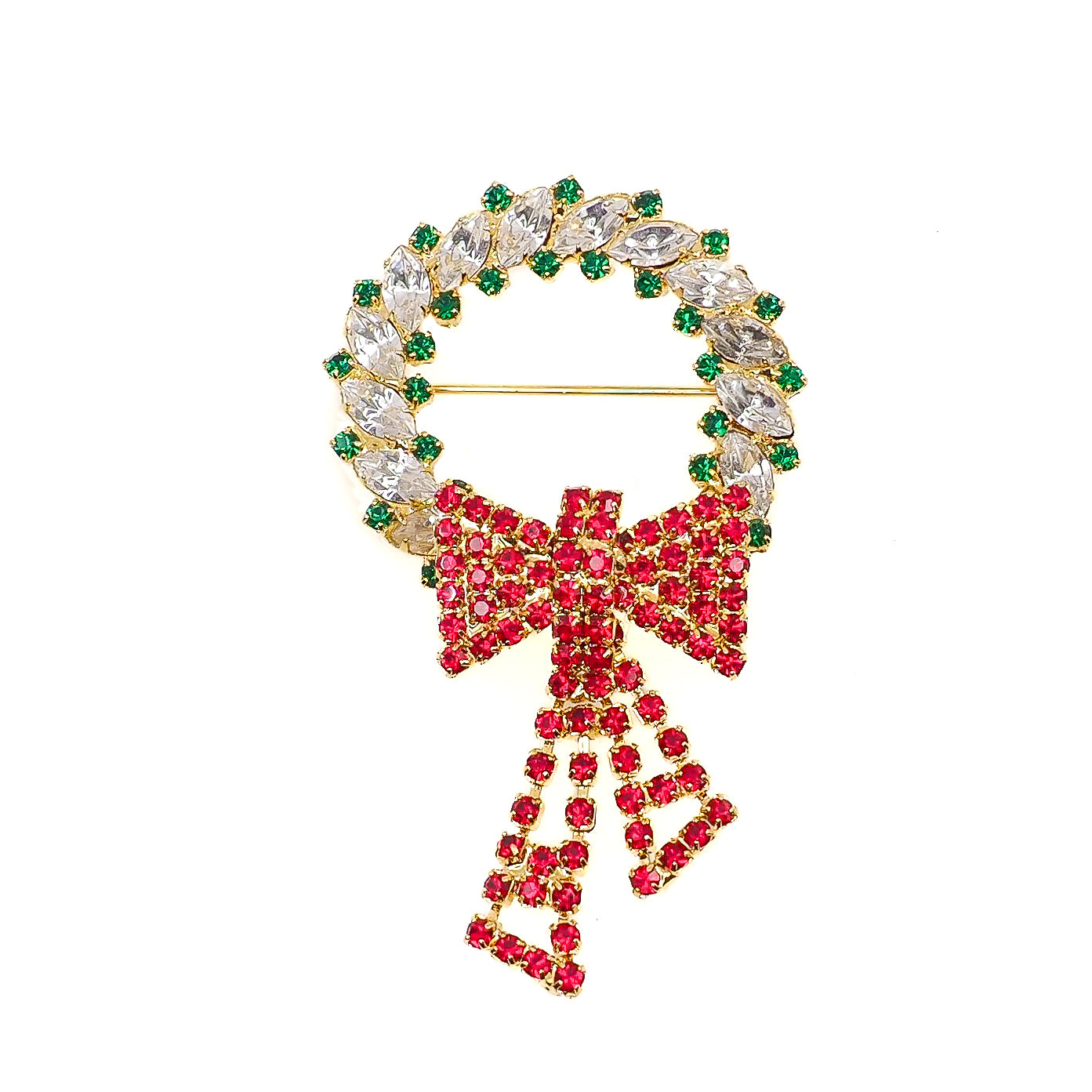 Vintage 1960s Red and Green Rhinestone Chunky Wreath Brooch - 60s Yellow Gold Plate Christmas Unisex Statement Brooch