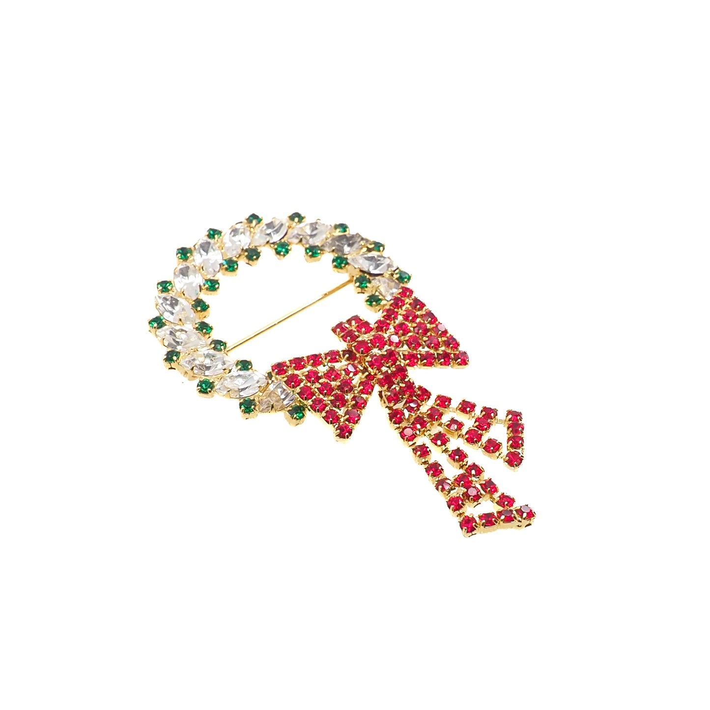 Vintage 1960s Red and Green Rhinestone Chunky Wreath Brooch - 60s Yellow Gold Plate Christmas Unisex Statement Brooch