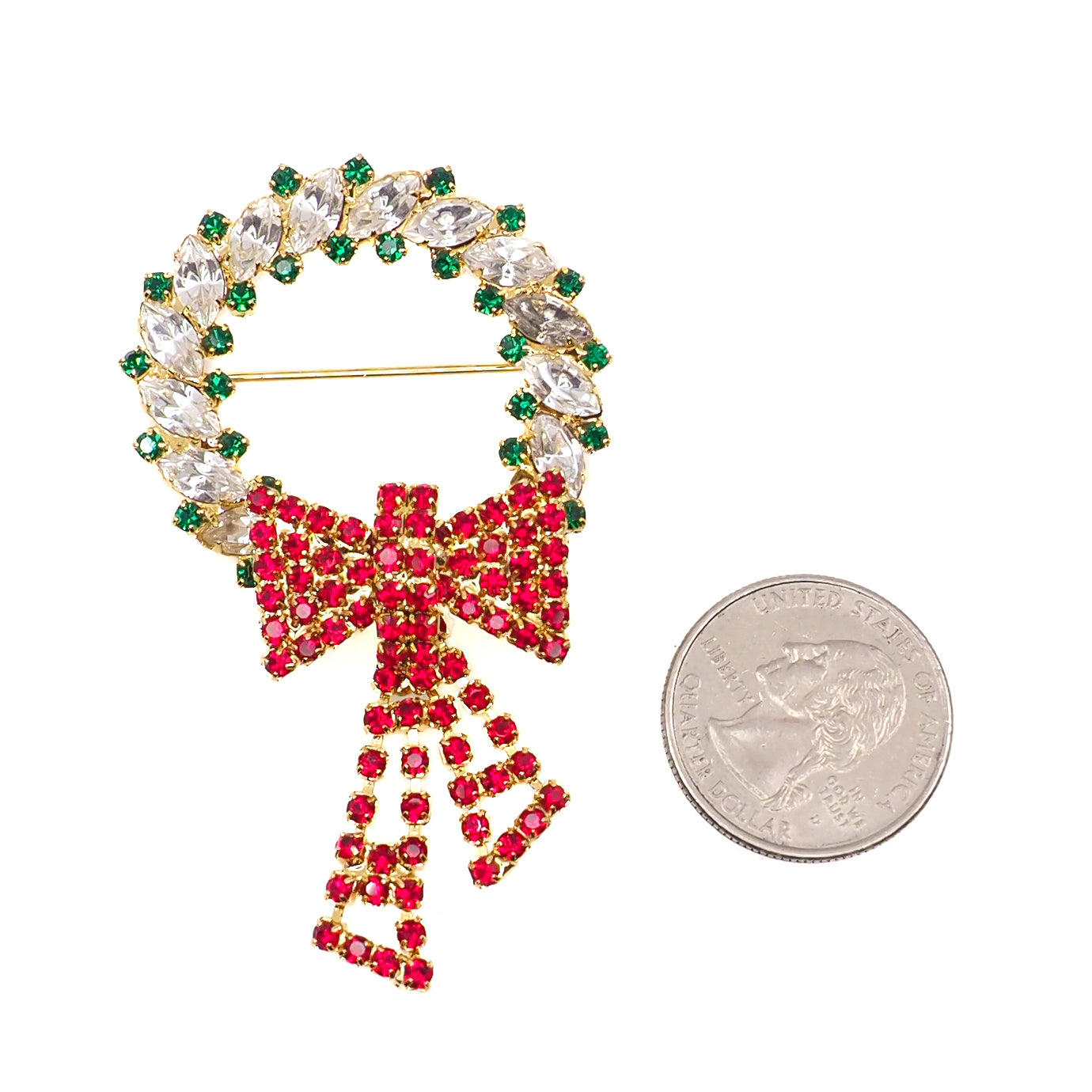 Vintage 1960s Red and Green Rhinestone Chunky Wreath Brooch - 60s Yellow Gold Plate Christmas Unisex Statement Brooch