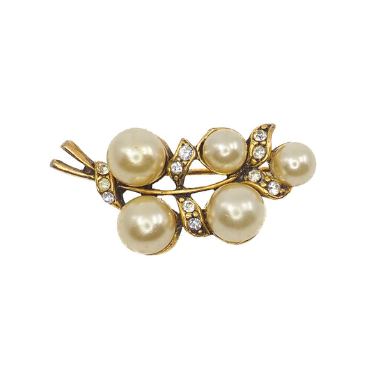 Vintage 1960s Imitation Pearl and Clear Rhinestone Gold Plate Cluster Costume Brooch