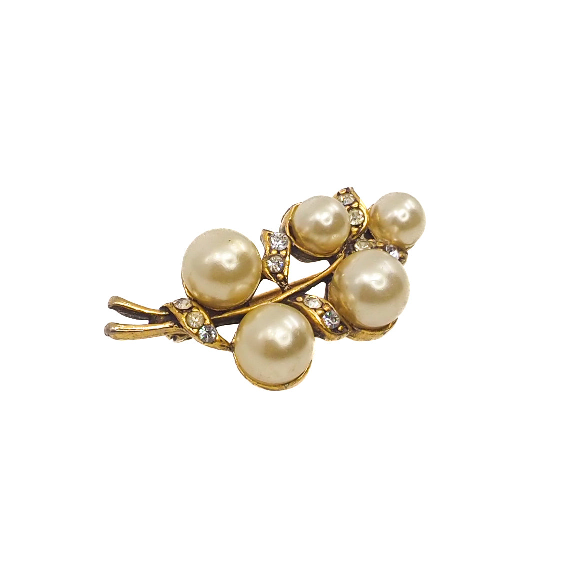 Vintage 1960s Imitation Pearl and Clear Rhinestone Gold Plate Cluster Costume Brooch