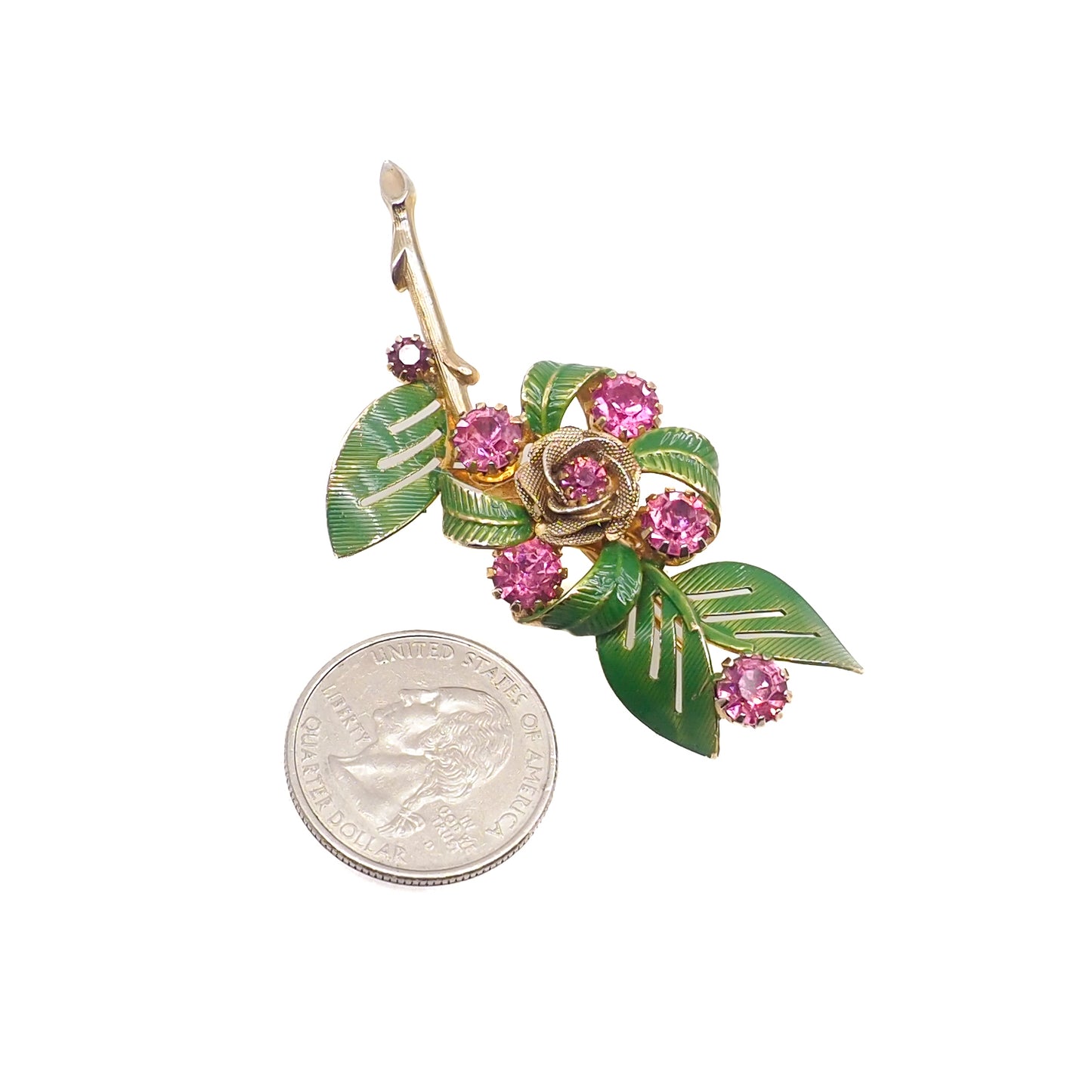 Vintage 1960s HOBE Pink Rhinestone Gold Plate Flower Leaf Enamel Brooch and Clip Earring Jewelry Set