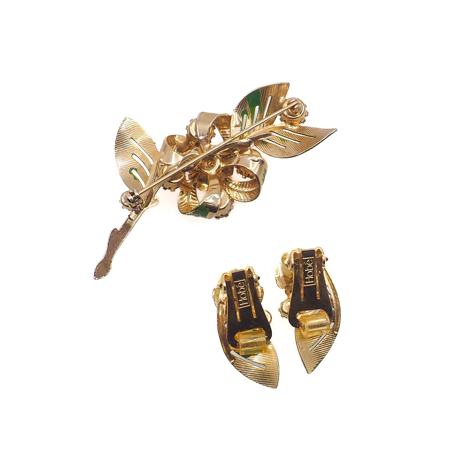 Vintage 1960s HOBE Pink Rhinestone Gold Plate Flower Leaf Enamel Brooch and Clip Earring Jewelry Set