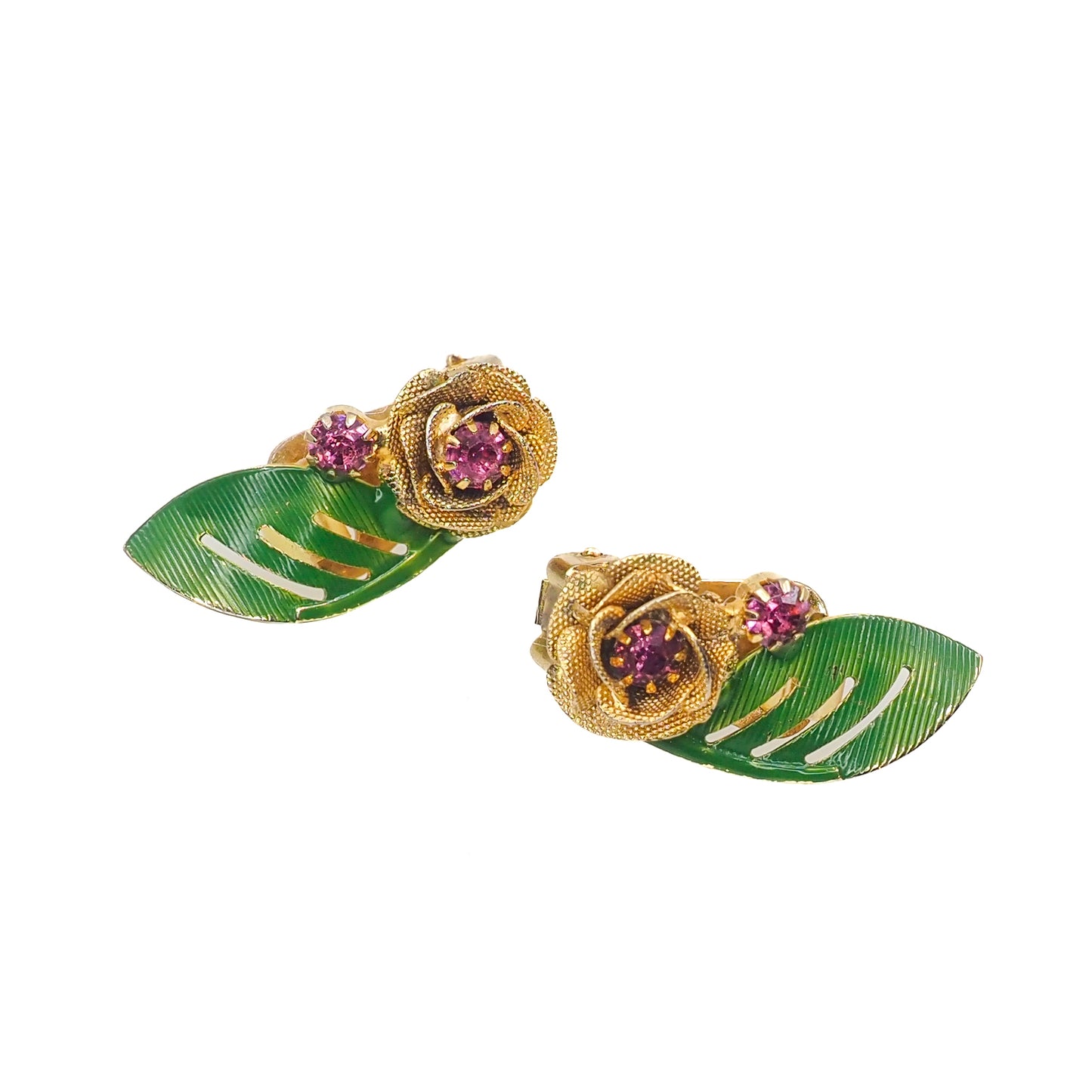 Vintage 1960s HOBE Pink Rhinestone Gold Plate Flower Leaf Enamel Brooch and Clip Earring Jewelry Set