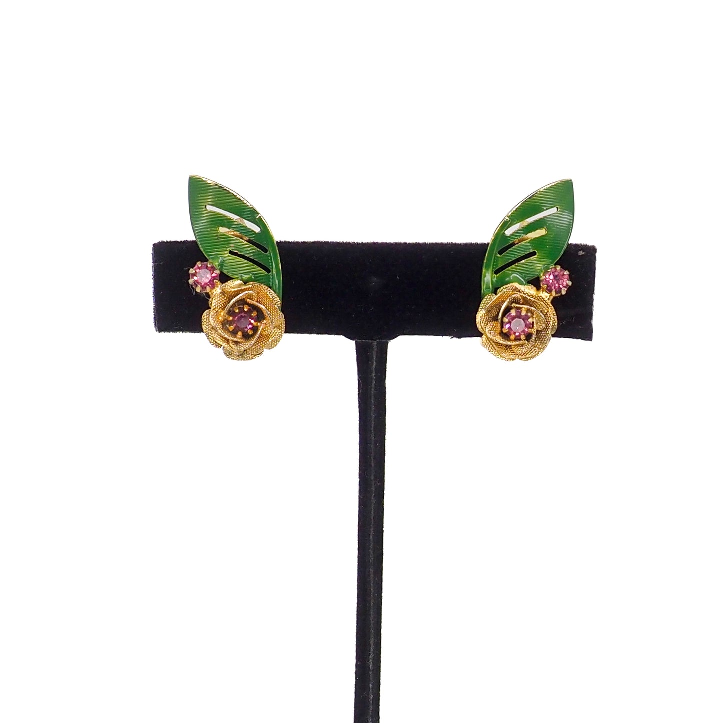 Vintage 1960s HOBE Pink Rhinestone Gold Plate Flower Leaf Enamel Brooch and Clip Earring Jewelry Set