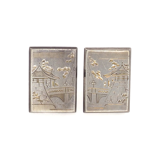 Vintage 1960s Sterling Silver Japanese Kominka House Etched Unisex Cufflinks