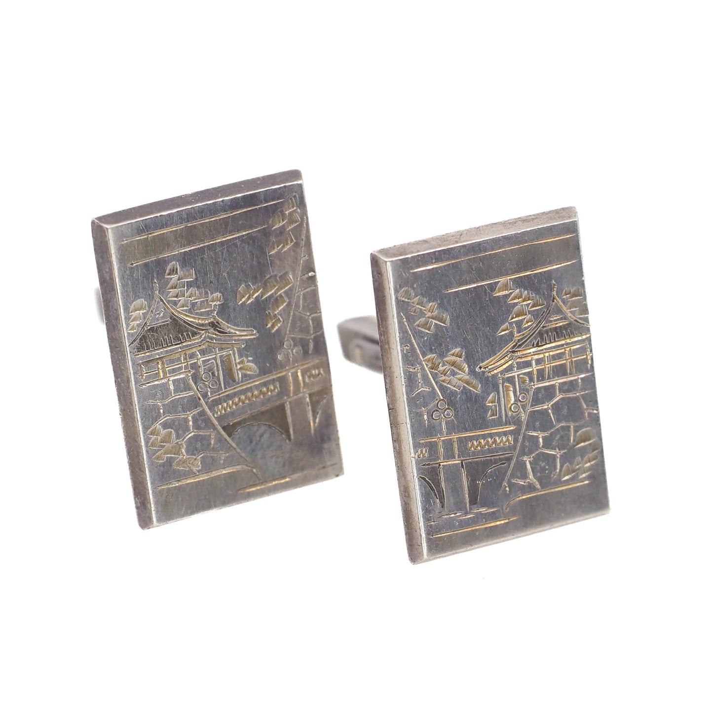 Vintage 1960s Sterling Silver Japanese Kominka House Etched Unisex Cufflinks