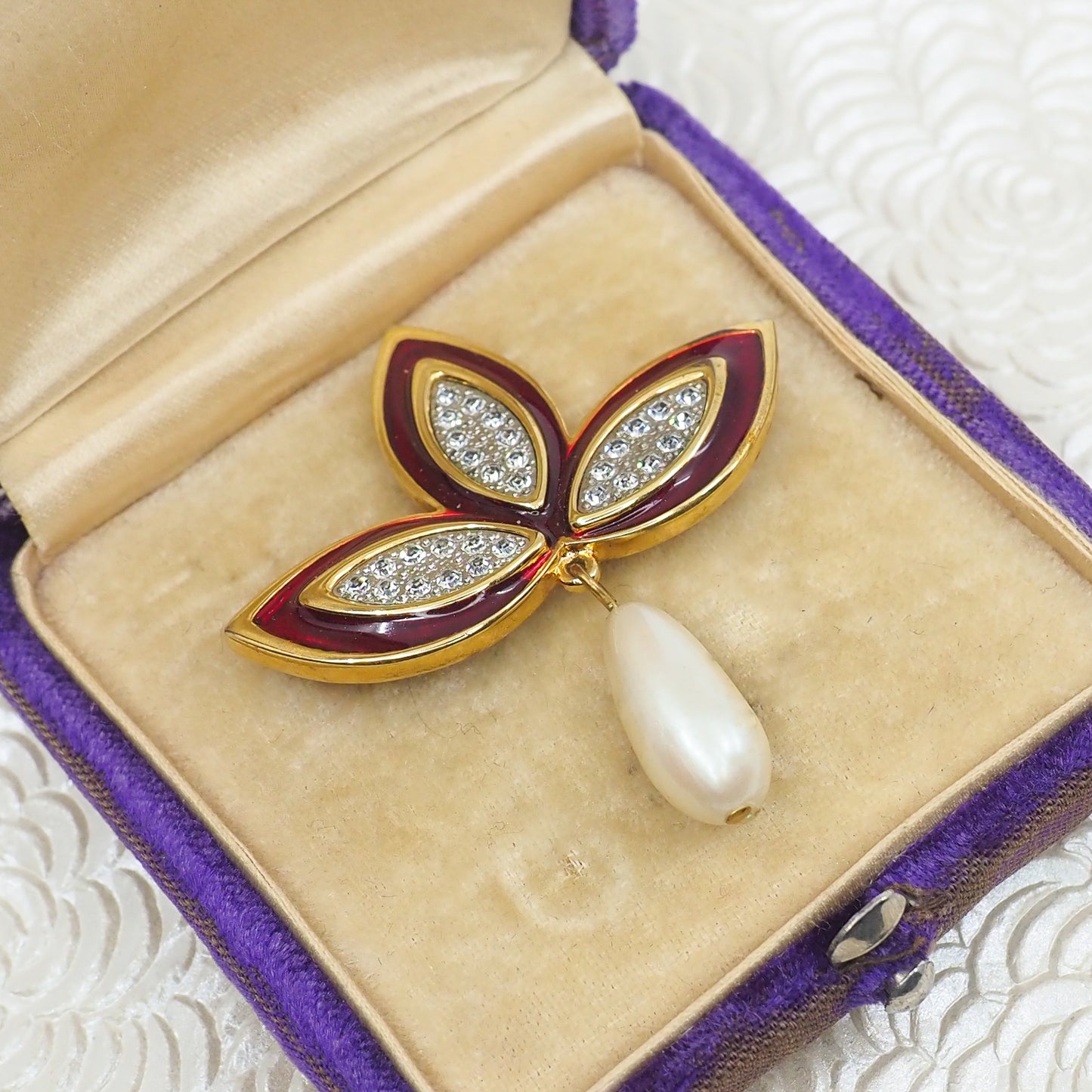 Vintage 1980s MONET Red Enamel, Imitation Pearl, and Rhinestone Brooch