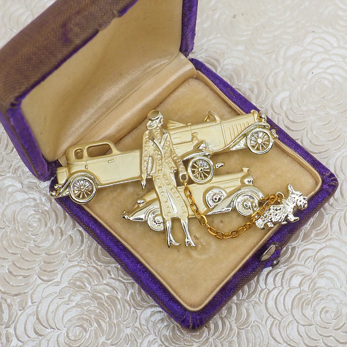 Vintage 1980s Woman Walking Scottie Dog with 40s Car Art Deco Style Large Brooch