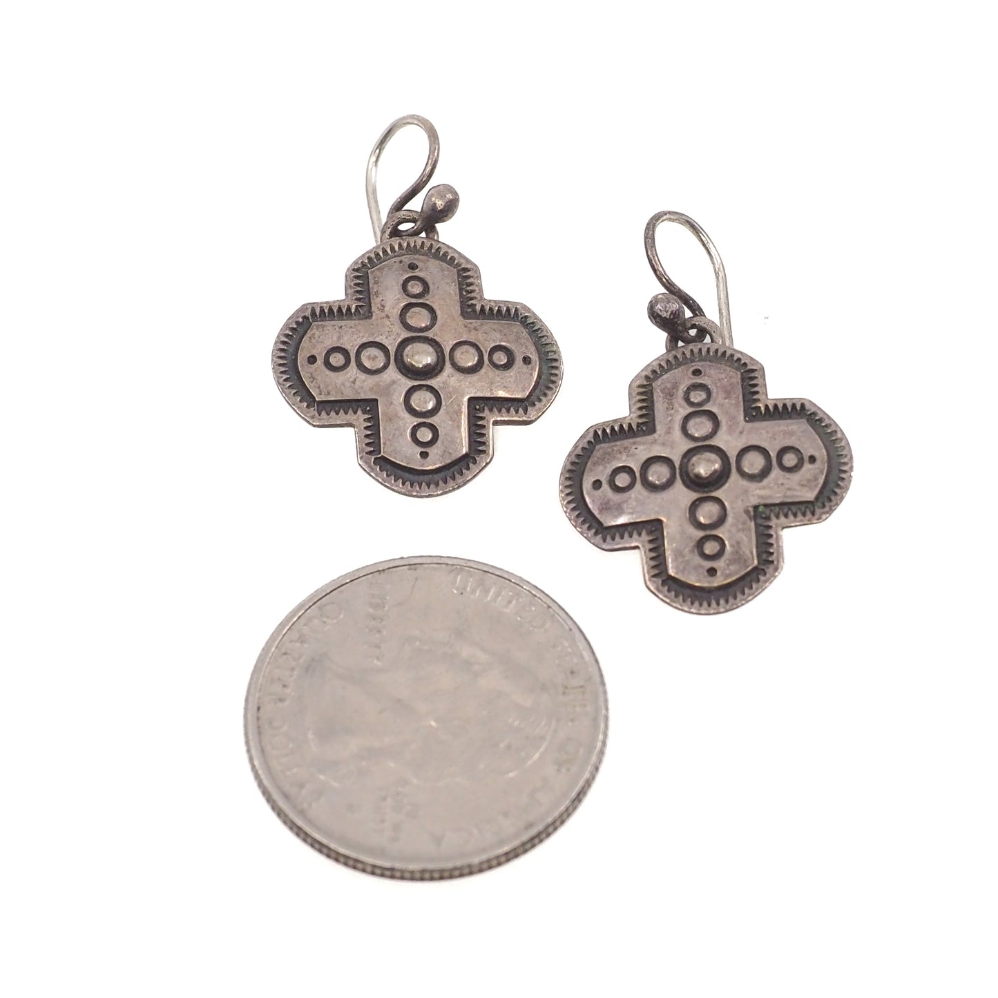 Vintage 1970s Sterling Silver Navajo Cross Drop Southwestern Native American Earrings