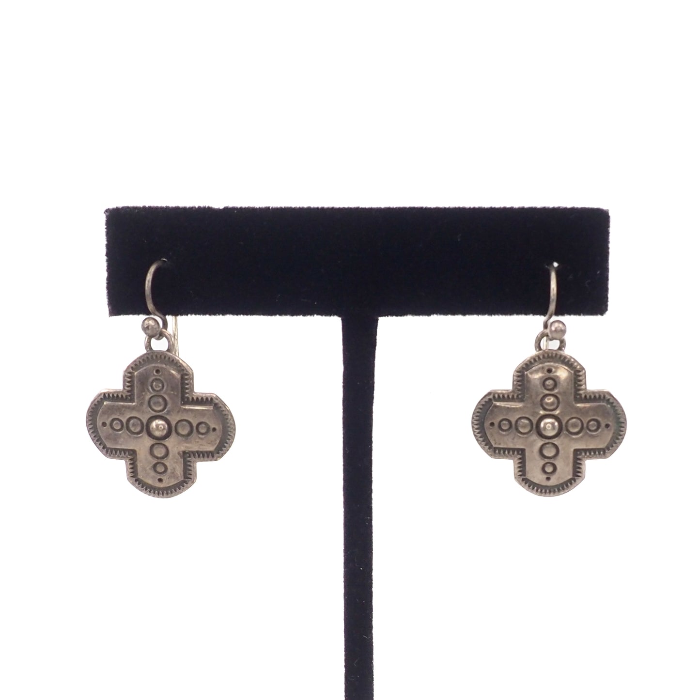 Vintage 1970s Sterling Silver Navajo Cross Drop Southwestern Native American Earrings