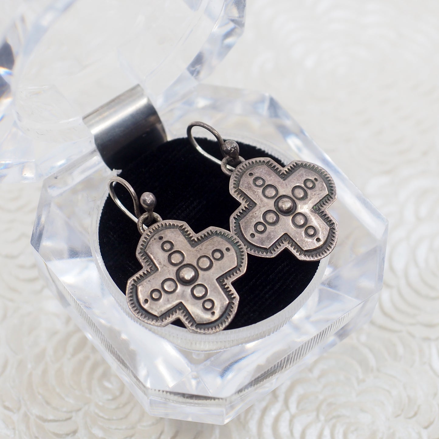 Vintage 1970s Sterling Silver Navajo Cross Drop Southwestern Native American Earrings