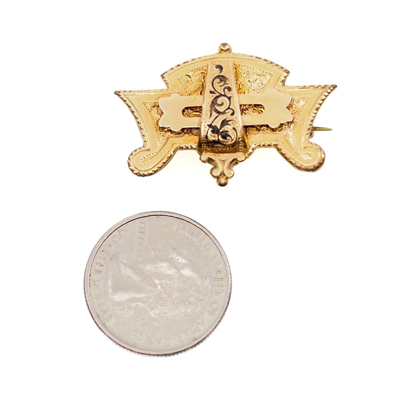 Victorian Mourning Brooch: Taille d'Epergne Black Enamel Rolled Gold, 1880s