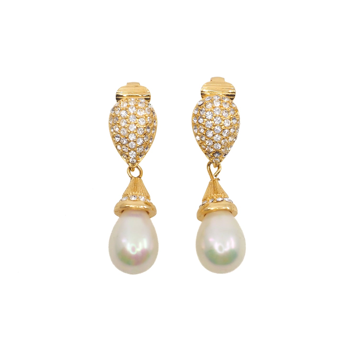 Vintage 1990s CHRISTIAN DIOR Designer Gold Plate, Rhinestone, Imitation Pearl Large Statement Drop Clip On Earrings