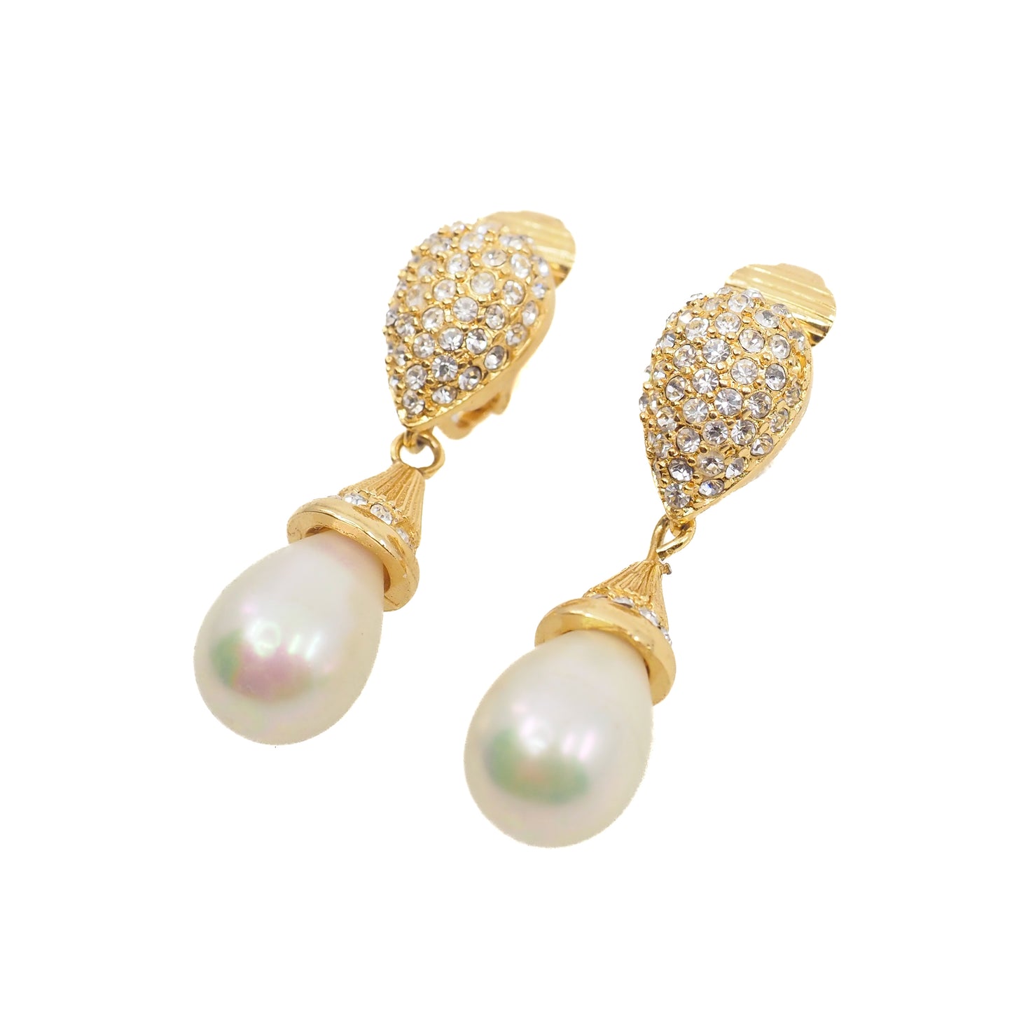 Vintage 1990s CHRISTIAN DIOR Designer Gold Plate, Rhinestone, Imitation Pearl Large Statement Drop Clip On Earrings