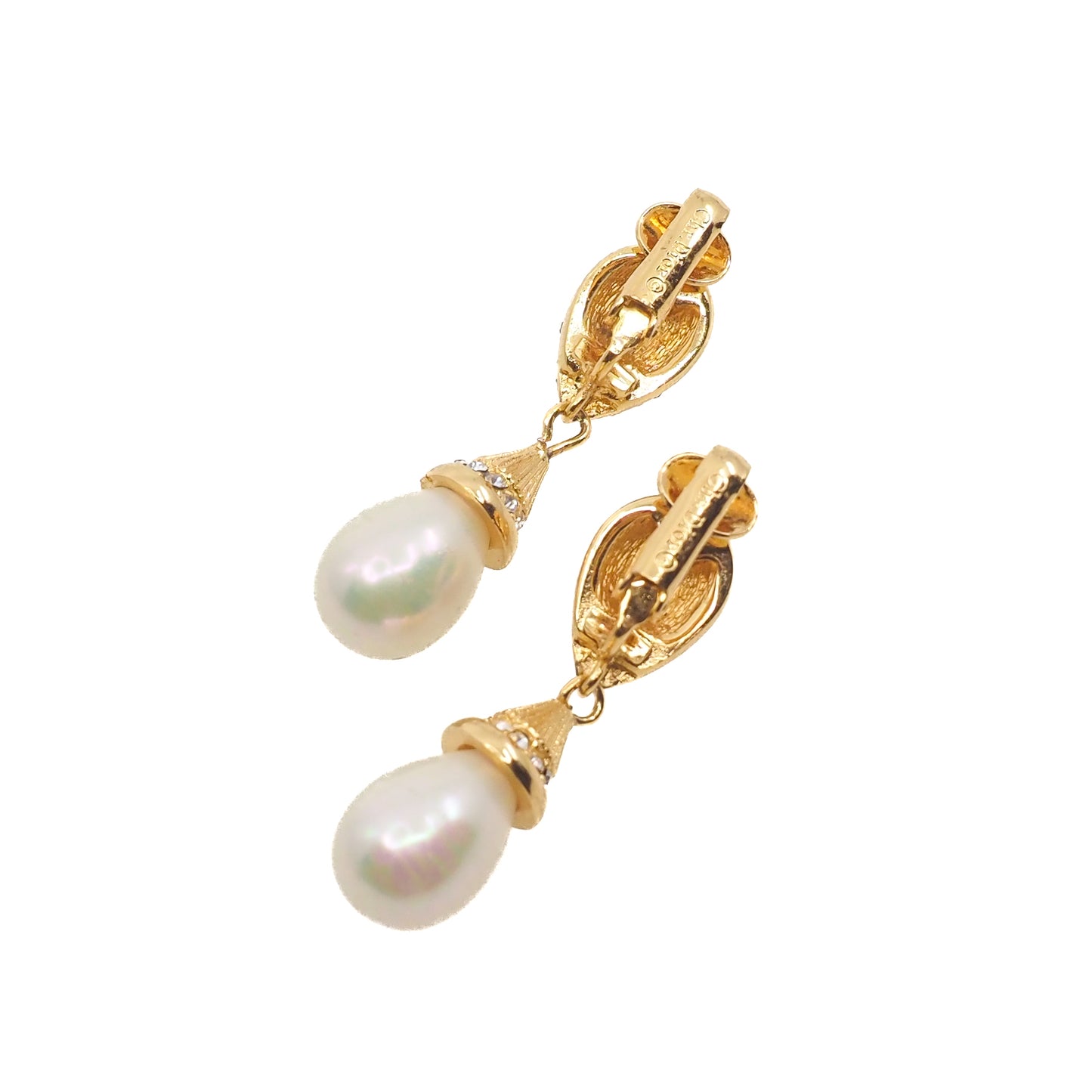 Vintage 1990s CHRISTIAN DIOR Designer Gold Plate, Rhinestone, Imitation Pearl Large Statement Drop Clip On Earrings
