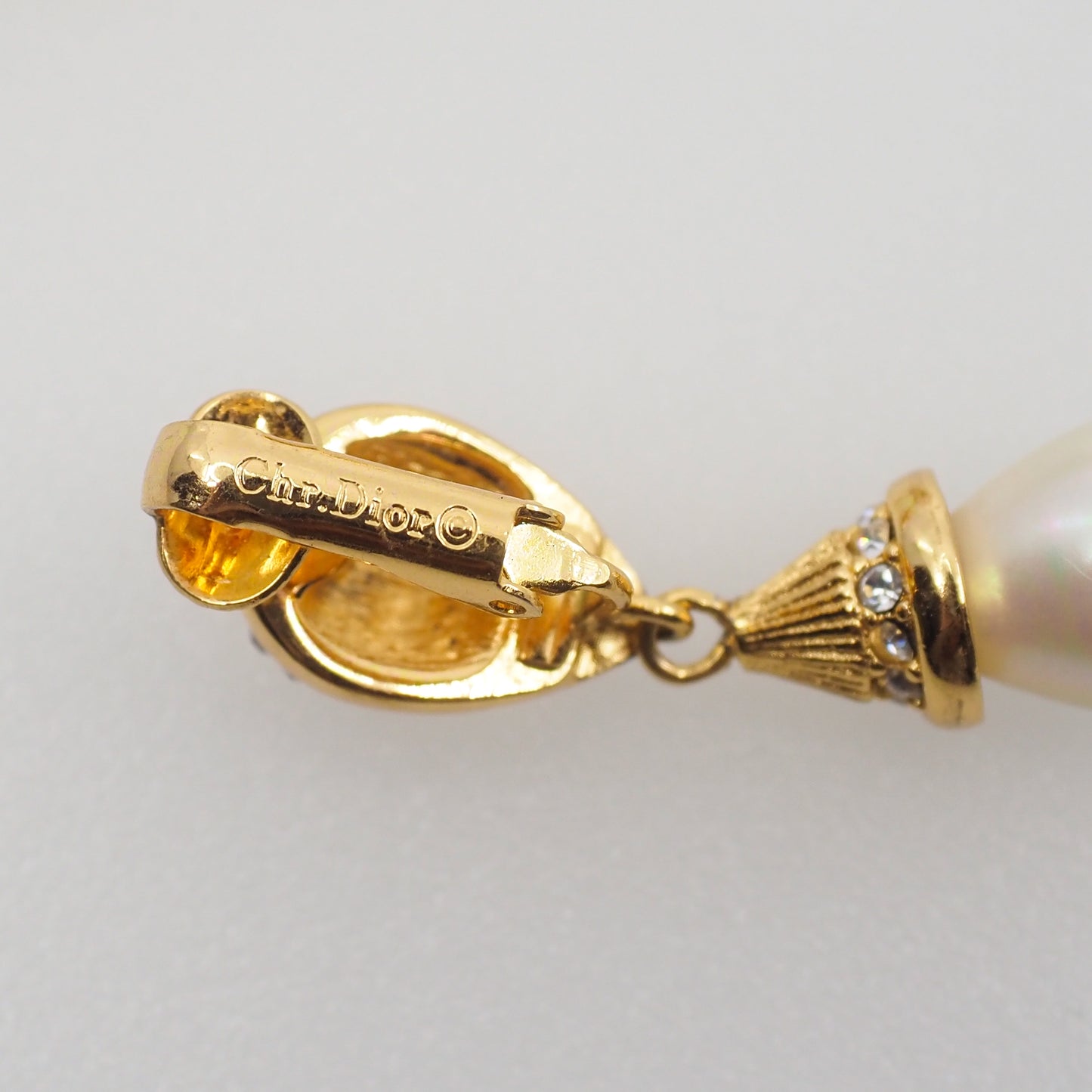 Vintage 1990s CHRISTIAN DIOR Designer Gold Plate, Rhinestone, Imitation Pearl Large Statement Drop Clip On Earrings