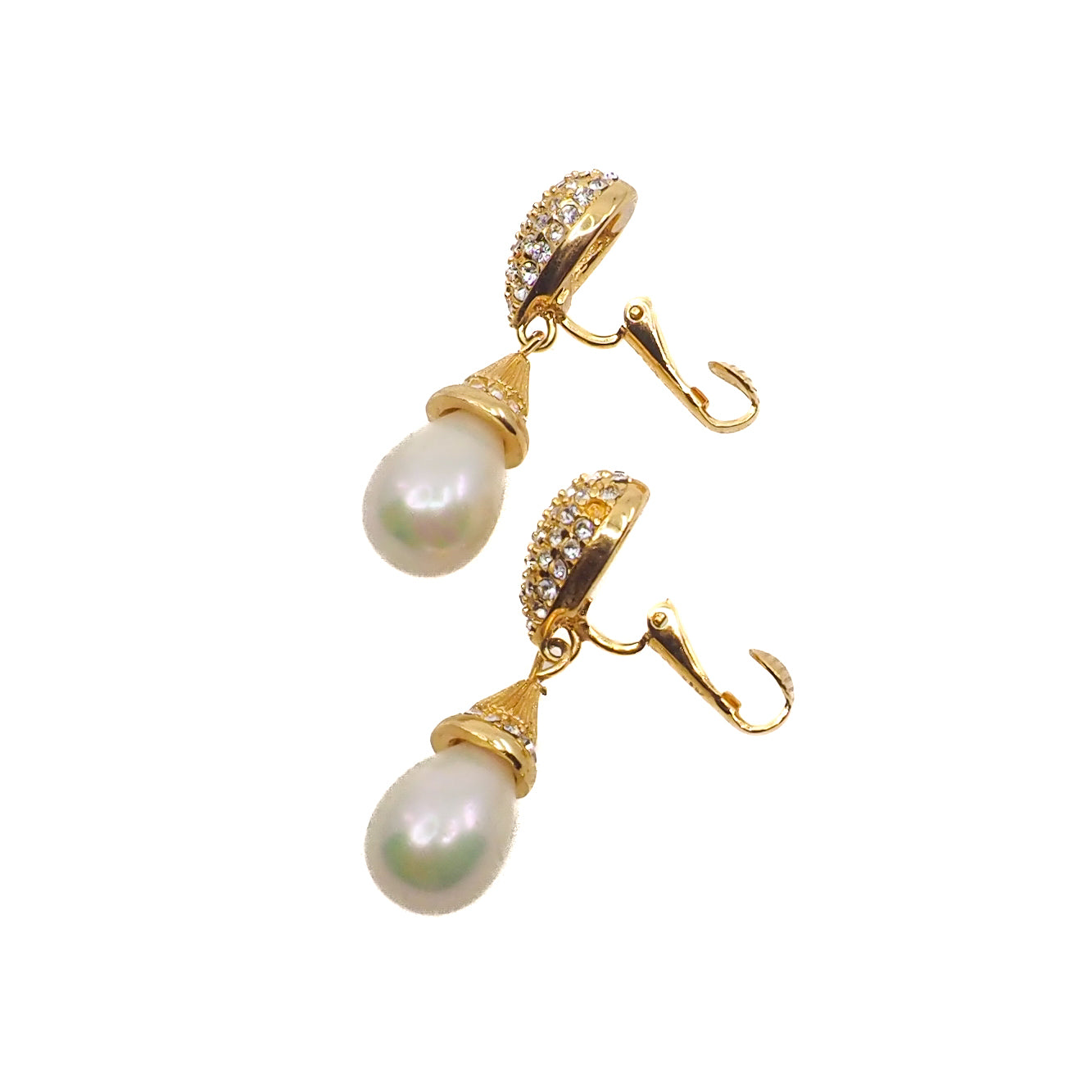 Vintage 1990s CHRISTIAN DIOR Designer Gold Plate, Rhinestone, Imitation Pearl Large Statement Drop Clip On Earrings