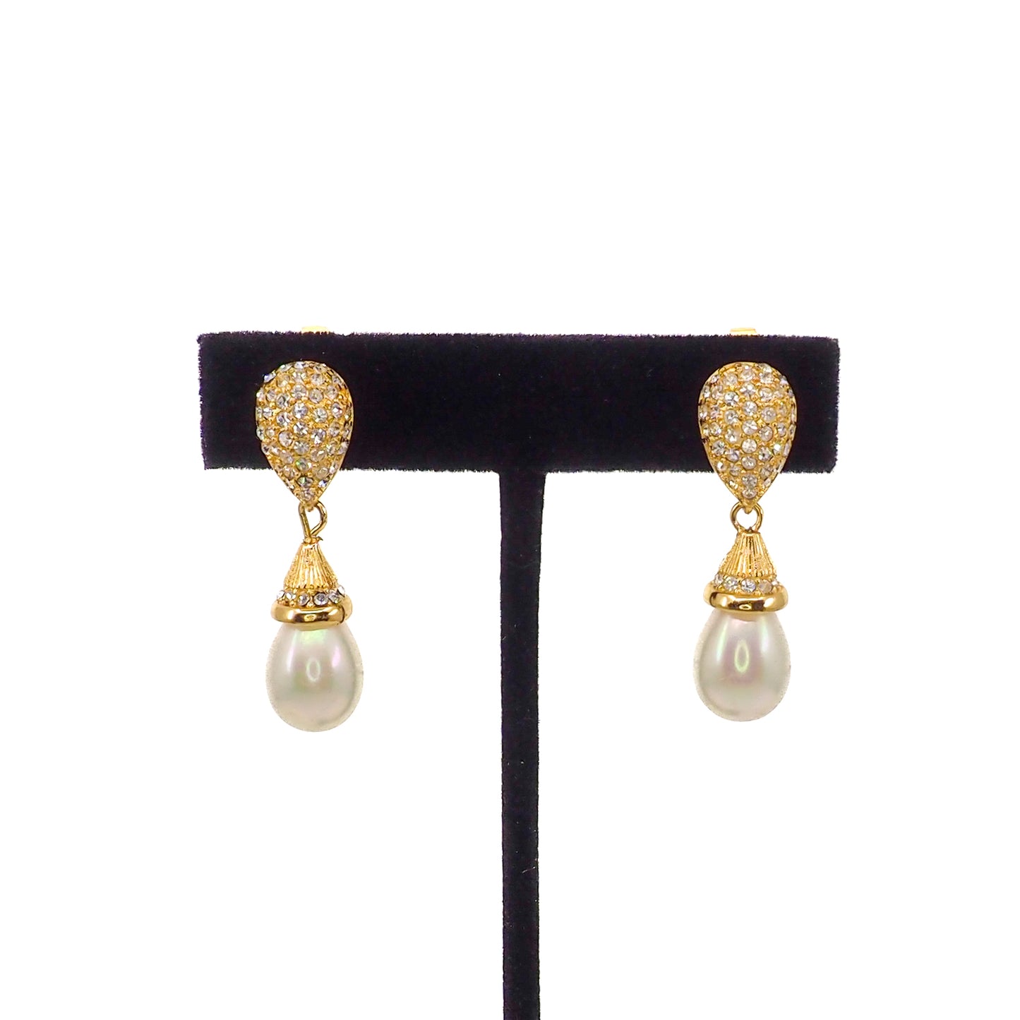 Vintage 1990s CHRISTIAN DIOR Designer Gold Plate, Rhinestone, Imitation Pearl Large Statement Drop Clip On Earrings