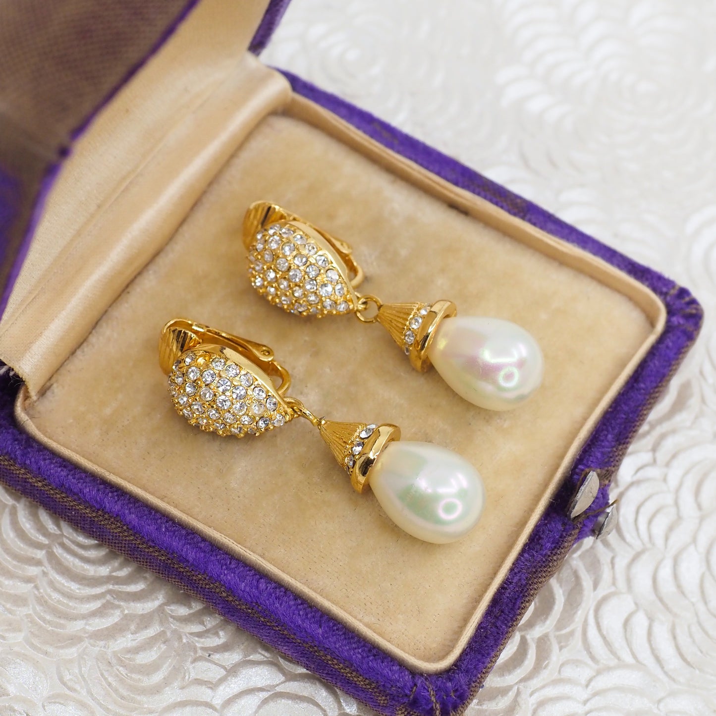 Vintage 1990s CHRISTIAN DIOR Designer Gold Plate, Rhinestone, Imitation Pearl Large Statement Drop Clip On Earrings