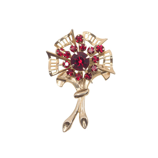 Vintage 1980s Gold Tone and Red Rhinestone Flower Brooch