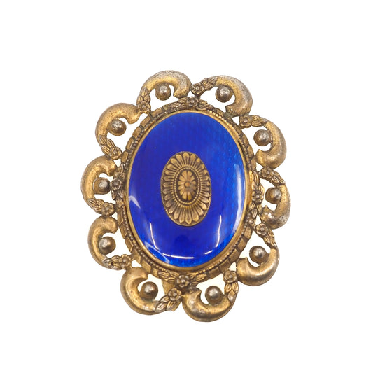 Vintage 1930s Victorian Revival Guilloché Blue Enamel and Gilt Statement Dress Clip