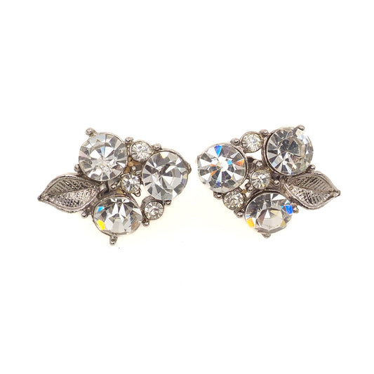 Vintage 1960s Clear Rhinestone and Silver Tone Leaf Cluster Clip-On Earrings