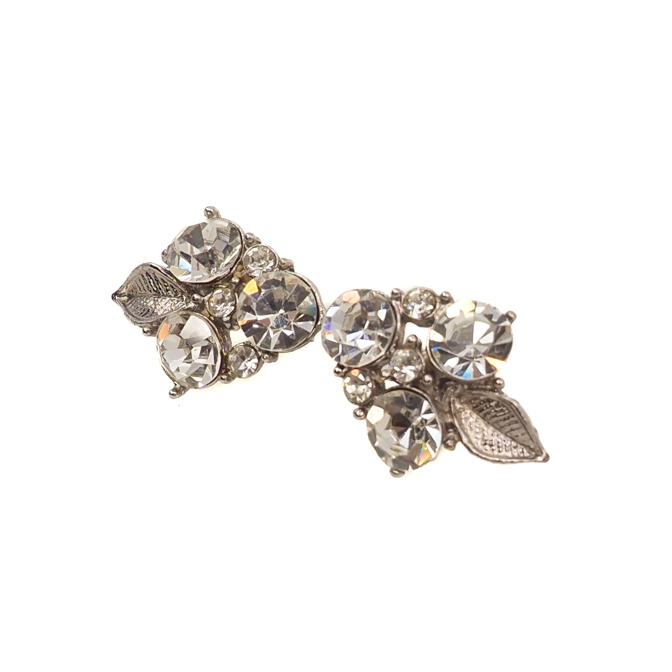 Vintage 1960s Clear Rhinestone and Silver Tone Leaf Cluster Clip-On Earrings