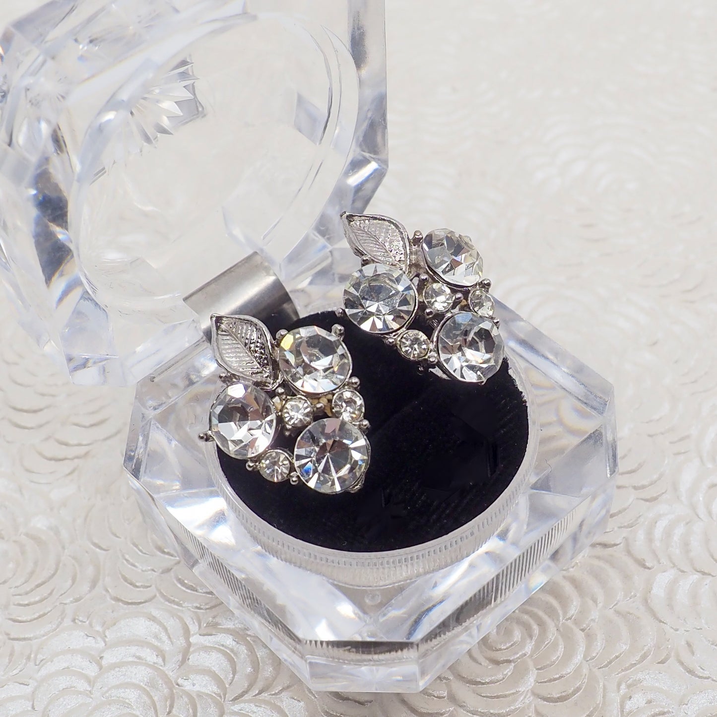 Vintage 1960s Clear Rhinestone and Silver Tone Leaf Cluster Clip-On Earrings