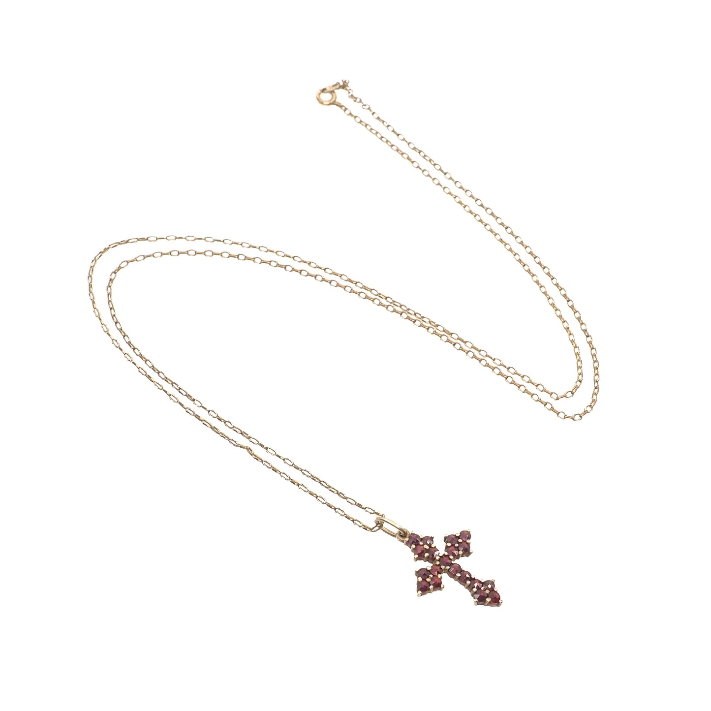 Vintage 1960s Red Garnet and Gilt Cross Pendant 24" Necklace