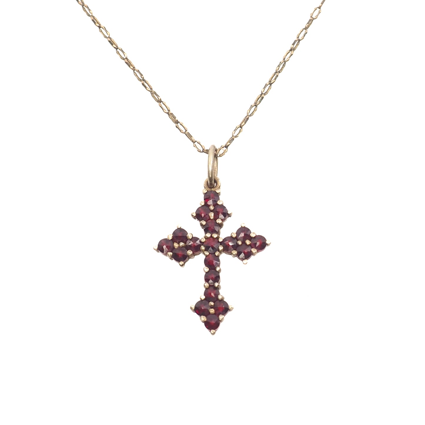 Vintage 1960s Red Garnet and Gilt Cross Pendant 24" Necklace