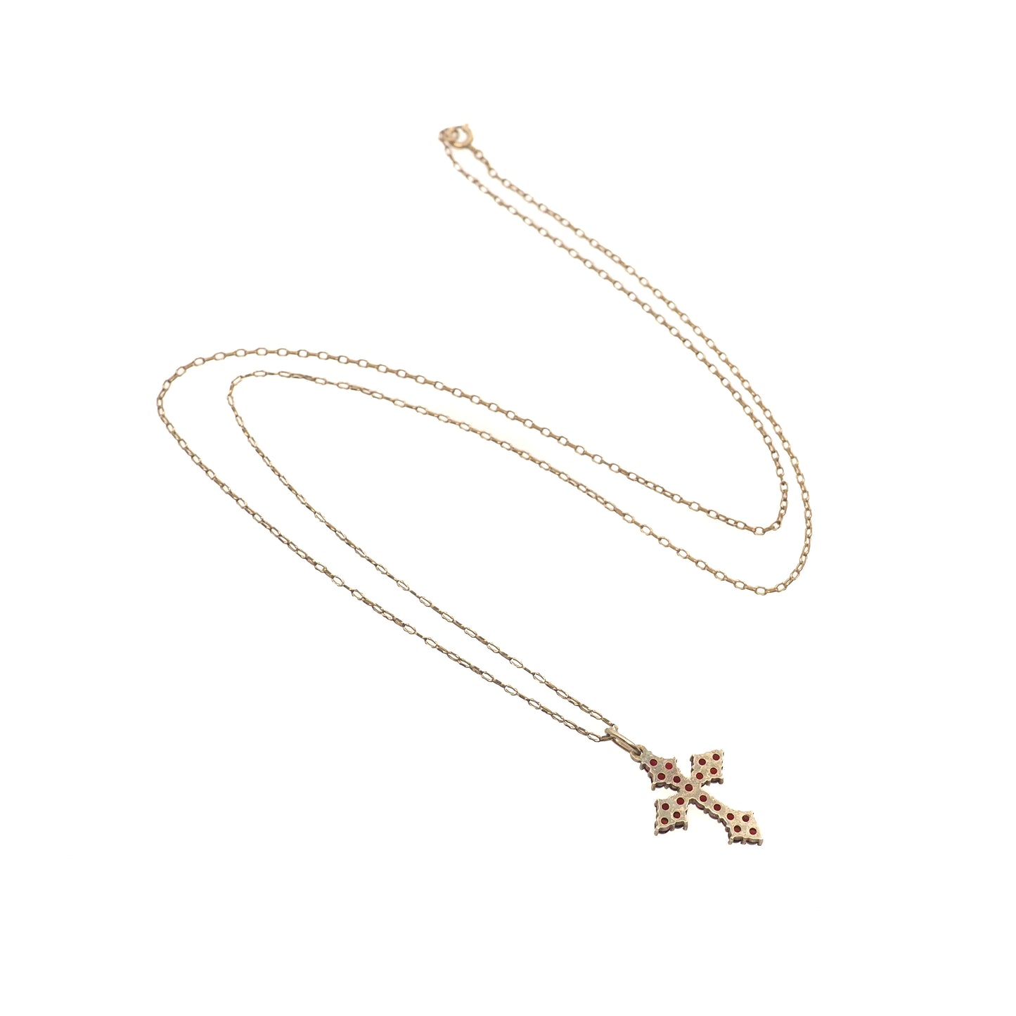 Vintage 1960s Red Garnet and Gilt Cross Pendant 24" Necklace