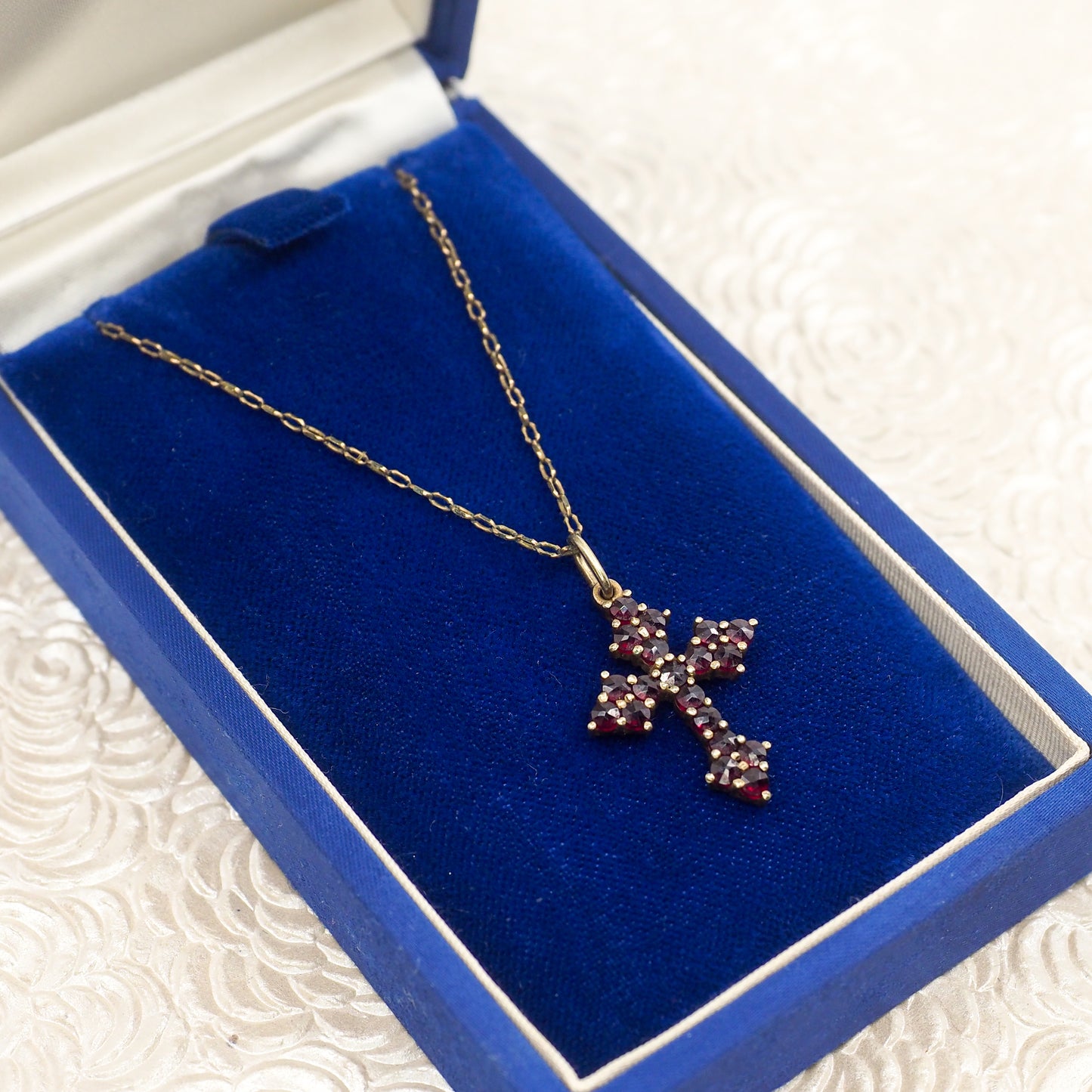 Vintage 1960s Red Garnet and Gilt Cross Pendant 24" Necklace