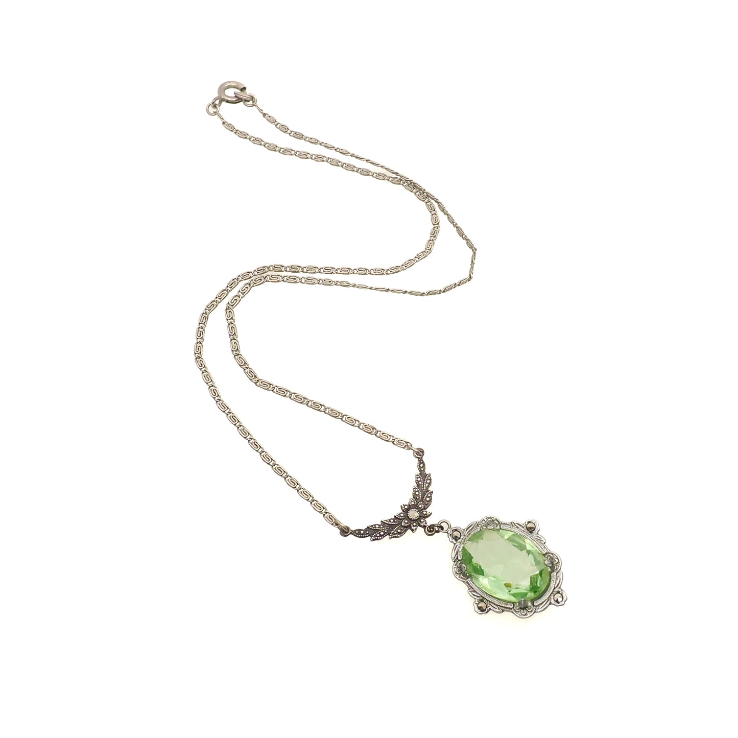 Antique 1920s Art Deco Sterling Silver and Green Glass Marcasite Choker 16" Necklace