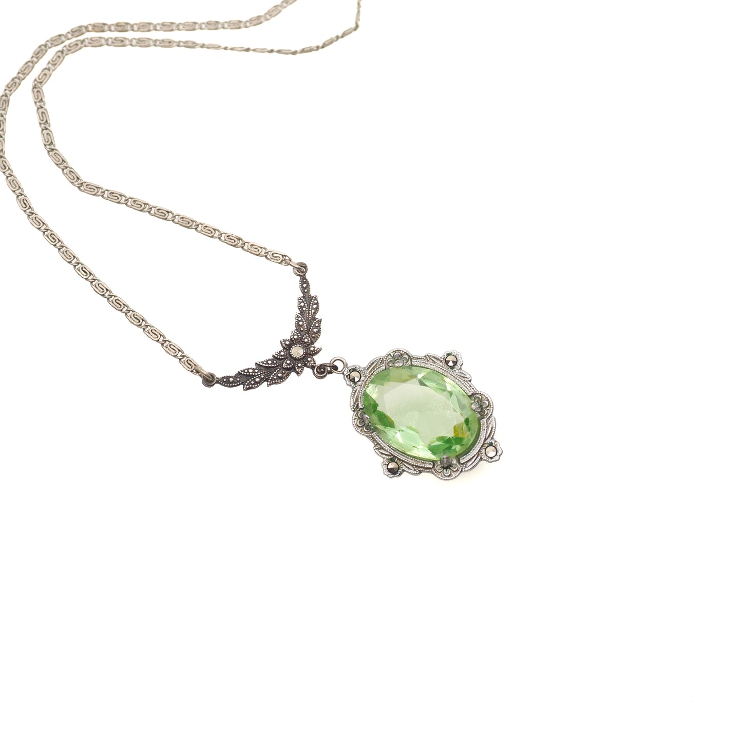 Antique 1920s Art Deco Sterling Silver and Green Glass Marcasite Choker 16" Necklace
